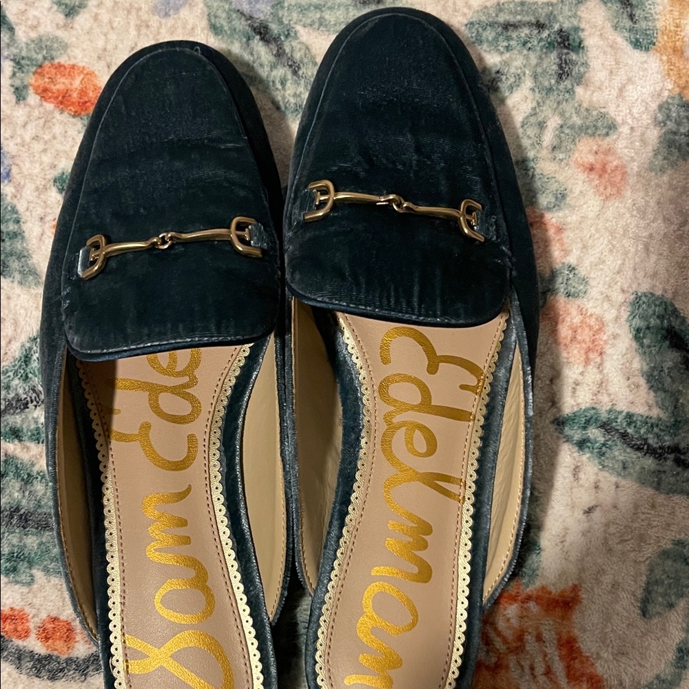 Sam Edelman Velvet Teal Loafers with Gold Accent